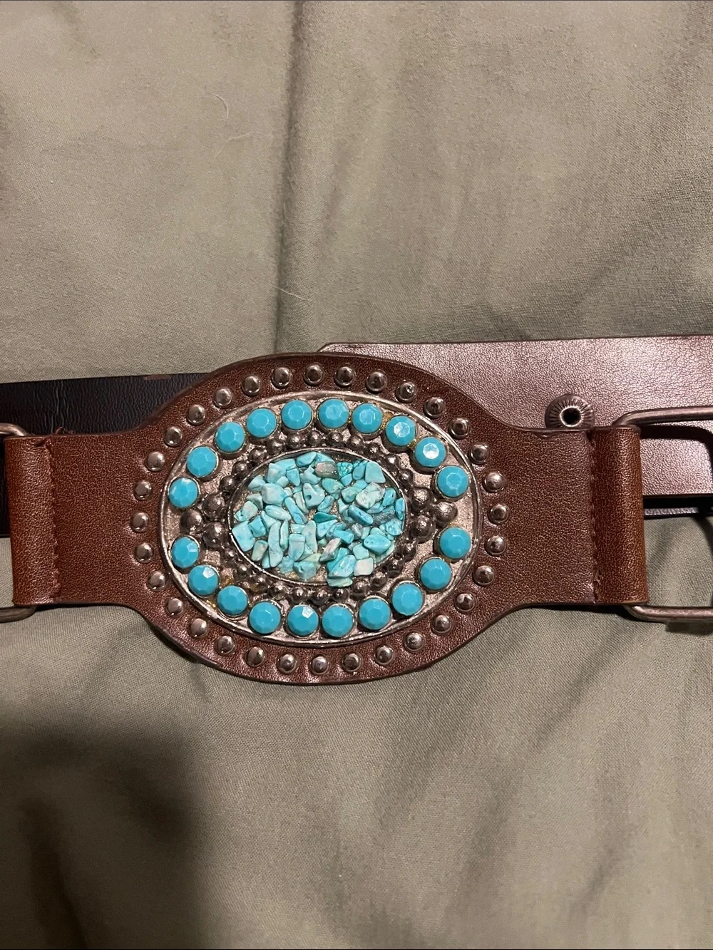 Brown Leather Belt with Turquoise Stone Accent